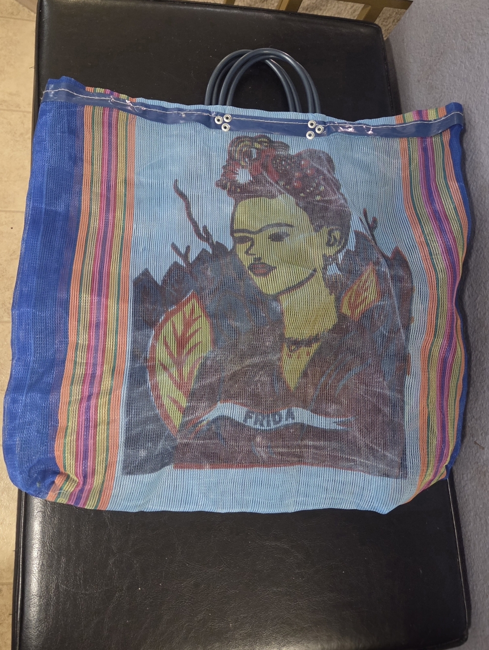 Upcycled Frida Kahlo Inspired Large Blue Striped Tote